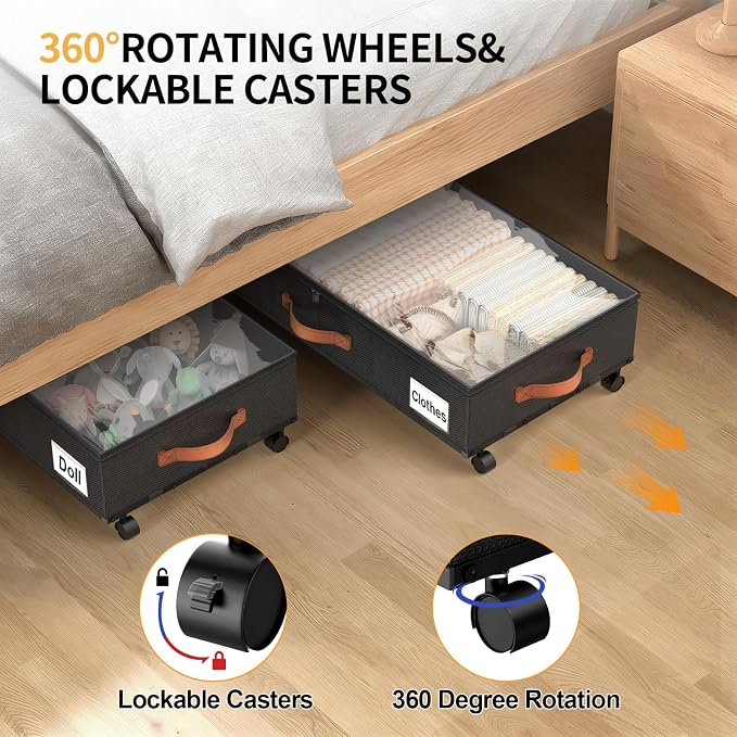 Under Bed Storage Containers with Wheels Large Underbed Shoes Blankets Clothes Toy Storage Drawers for College Dorms Bedrooms Nursery Rooms Organization (Black 2 Pack, 6.6in height(30.3"x15.7"x6.6")) - Image 3