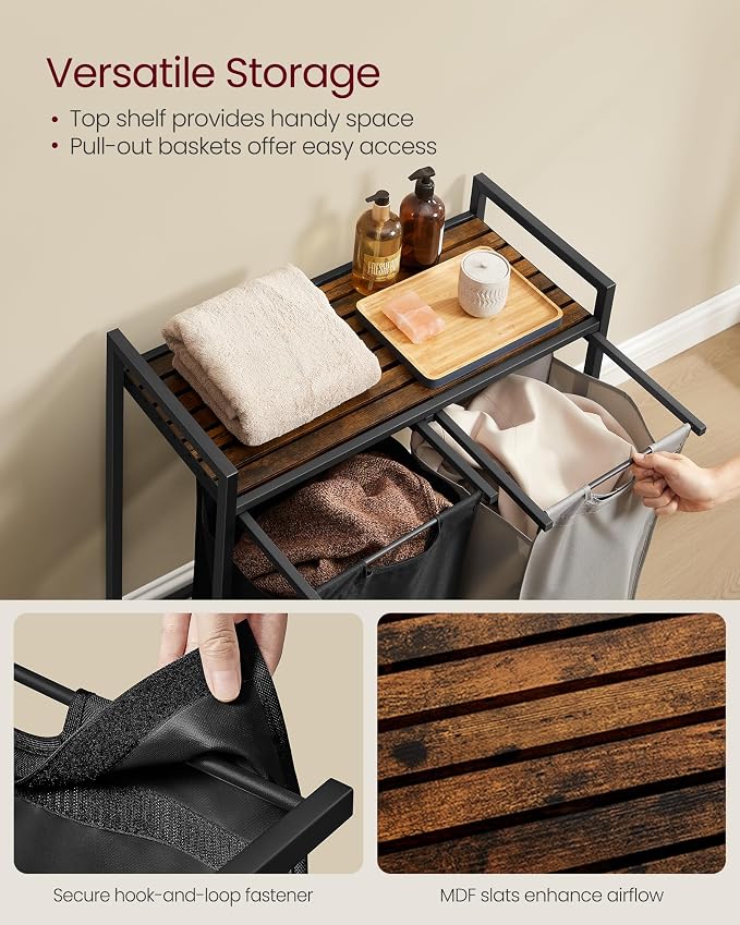 VASAGLE Laundry Hamper with Shelf, 2 Pull-Out Bags, 2 x 12.1 Gallons (46 L) - Image 4