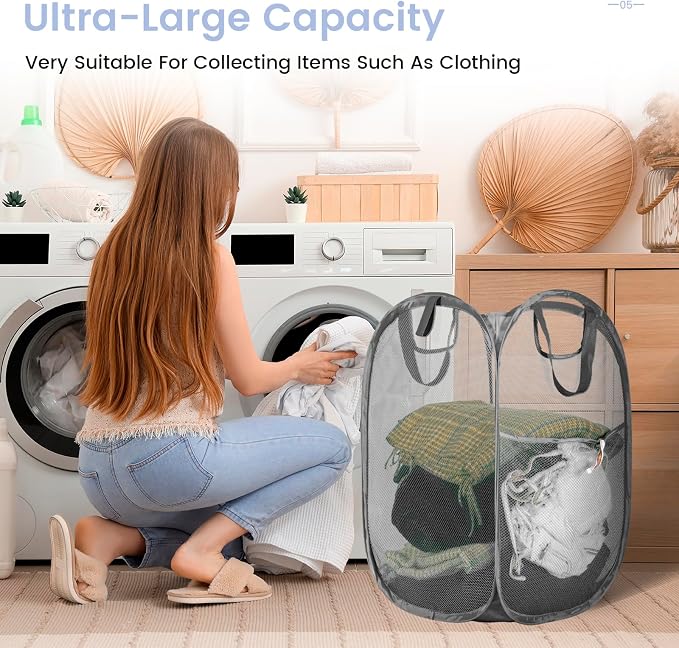 HOUSE AGAIN Strong Mesh Pop Up Laundry Hamper, 70L Collapsible Laundry Basket with Steel Frame, Double‑Stitched Handles & Side Pocket, Foldable Dirty Clothes Hamper for Dorm, Bedroom, Grey - Image 3