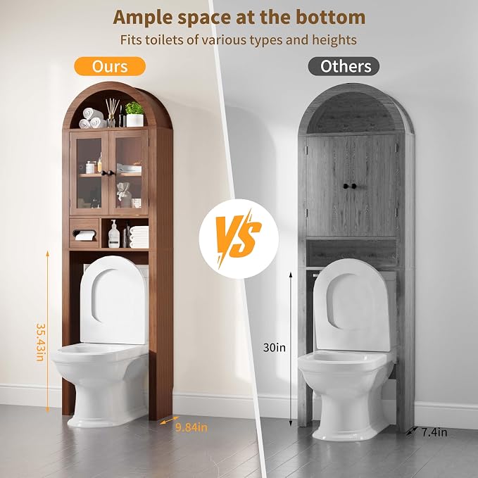 Arched Over the Toilet Storage Cabinet with Tempered Glass Doors, Walnut - Image 6