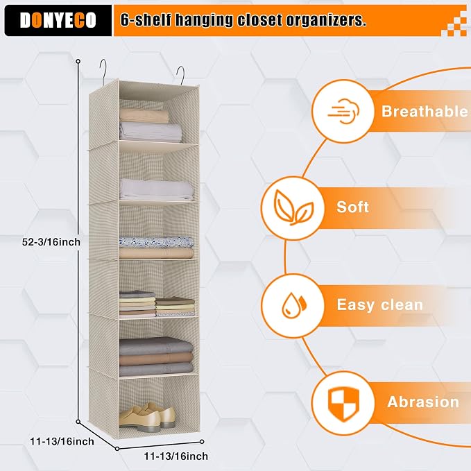 Hanging Closet Organizer 6-Tier, Oxford Wardrobe Storage, Beige Houndstooth | Easy-mount foldable design holds clothes, handbags, shoes & accessories; washable Oxford fabric, sturdy and space-saving. - Image 3