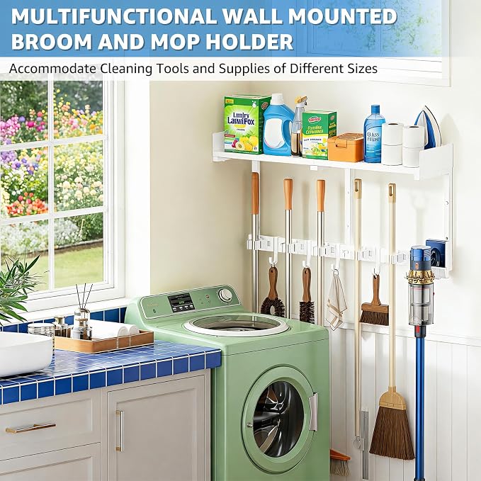 HUFAND Broom Holder Wall Mount, 27" Mop and Broom Organizer with Top Shelf - Image 5