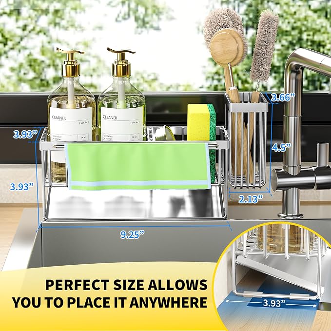 Cisily Kitchen Sink Caddy Organzier with High Brush Holder, Sponge Holder for Sink, 304 Rustproof Stainless, Kitchen Countertop Soap Dispenser Organizer (Silver With Towel Rack, 9.25″) - Image 4
