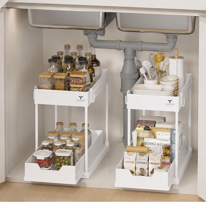 Under Sink Organizer, 2 Tier Pull-Out Storage Organizer with Sliding Drawer & Hooks, Multi-Purpose Cabinet Organizer for Kitchen, Bathroom, Pantry, Laundry Room & Office, White - Image 2