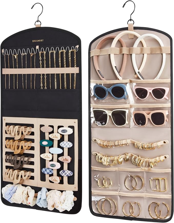 BAGSMART Hanging Jewelry Organizer Claw Clip Necklace Holder Roll for Hair Ties, Headbands, Clips, Earrings, Necklaces, Glasses Double-Sided on Closet, Wall, Door, 1 piece, Large-Black by BAGSMART