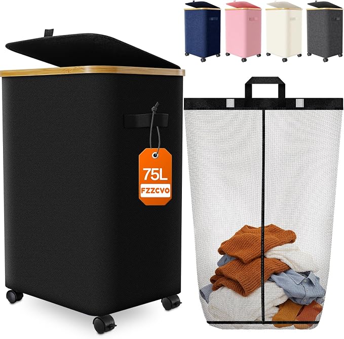 Laundry Hamper with Wheels, 75L Rolling Laundry Basket, Removable Inner Bag by Fzzcvo