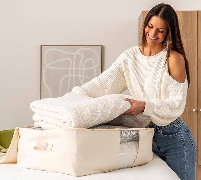 Soft Canvas Storage Bags with Zipper. Thick Breathable, 2pc King/Queen Comforter Organizer. Four Carrying Handles and Window. Large 25x19x9in Bag for Sheets Blankets Bedding Pillows, Clothes - Image 2