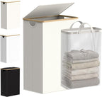 efluky Slim Laundry Basket with Lid, Narrow Laundry Hamper with Removable Bag, Skinny Dirty Clothes Basket with Bamboo Handles for Bathroom, Bedroom & Laundry Room, 90L Beige by efluky