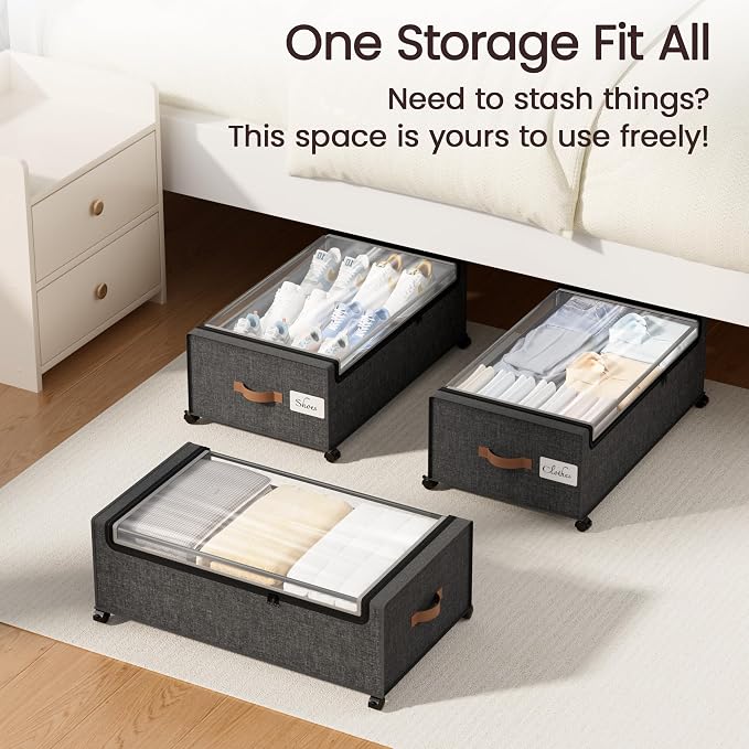 Yecaye 95L Under Bed Storage Containers, Fits 11" Under Bed, 2 Pack, Grey | XXL Capacity, 360° Rolling Wheels, Sturdy Metal Frame, Clear Window & Label, Storage Bins for Clothes, Shoes, Blankets - Image 7