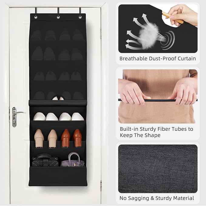 STORAGE MANIAC Over the Door Shoe Organizer with Curtain Dustproof Heavy-Duty Large Deep Pocket Hanging Shoe Organizer for Closet Dorm & Narrow Door Storage Shoe Holder Shoe Rack, 7-Shelf Black 1 Pack - Image 4