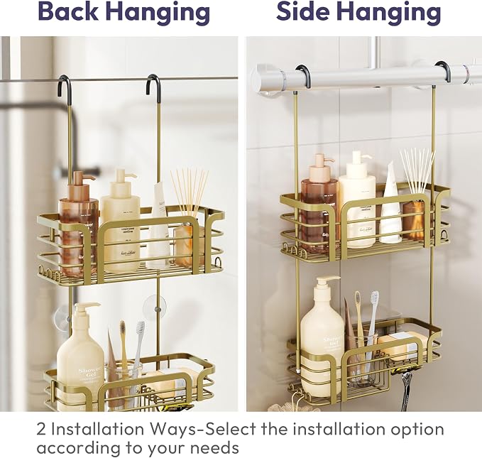 SWTYMIKI Shower Caddy Hanging Organizer - Over the Door Shower Caddy with Soap Holder, 11 Hooks, 2 Installation Ways, Stainless Steel Rustproof Bathroom Organizer, Gold - Image 3