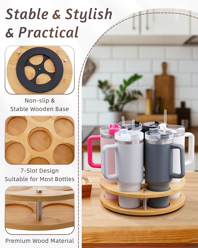 2Pack Rotating Wood Tumbler Organizer, 30 oz 40 oz Spinning Turnable Tumblers Holder, 360° Rotatable 7 Large Cups Bottle Tumbler Storage Display Stand, Rotate Syrup Organizer for Cabinet Countertop - Image 2