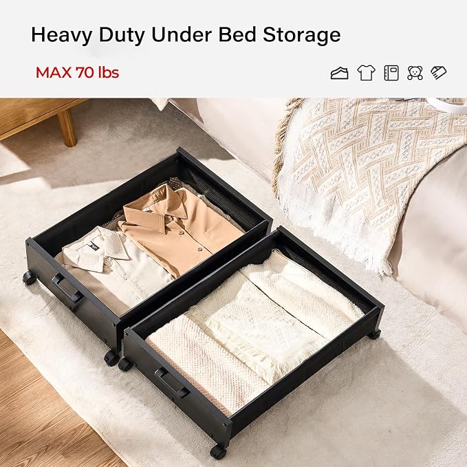 FOUCSSOMEI Under Bed Storage with Wheels, Wooden Under Bed Drawers On Wheels, Rolling Under Bed Shoe Storage, Space Saving, Black,30L - Image 3