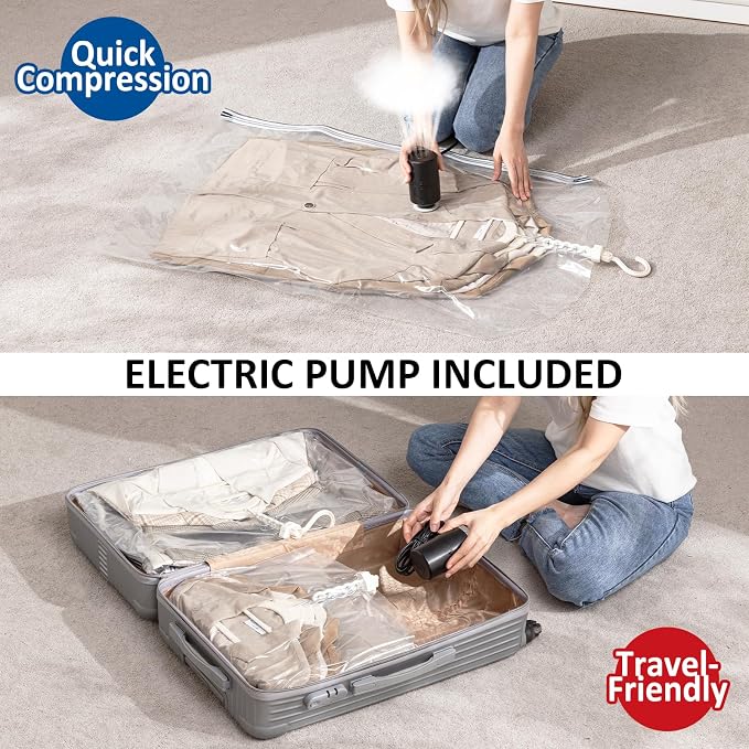 Hanging Vacuum Storage Bags, Space Saver for Clothing, 4 Combo with Pump | Vacuum Seal Bags for Clothing with Electric Pump, Hanging Garment Storage for Jackets, Suit, Dresses, Winter Closet Organizer - Image 6