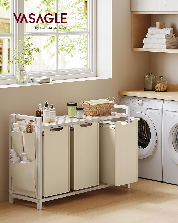 VASAGLE Laundry Hamper with Shelf, 3 Pull-Out Bags, 3 x 10.6 Gallons (40 L) - Image 2