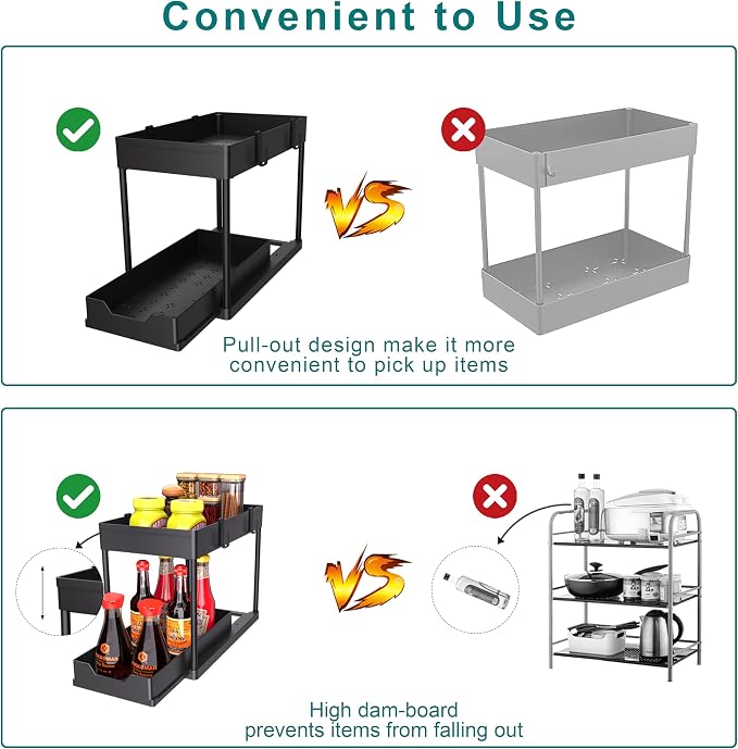 DEKAVA Under Sink Organizer 2 Pack, Bathroom Cabinet Organizer, 2 Tier Sliding Cabinet Basket Organizer Drawer, Multi-Purpose Bath Collection Baskets for Bathroom (Black) - Image 7