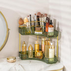 shuang qing Upgraded 2-Tier Corner Bathroom Countertop Organizer – Spacious Storage for Makeup, Skincare & Perfumes, Built-in Brush Holder Fits Vanity/Dresser/Bsthtub (Sage Green) by SHUANGQING