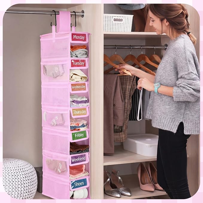 2 Pack 7 Shelf Weekly Clothes Organizer Hanging Closet for Kids with Side Pockets Weekday Shoes Rack Weekly Clothes Organizers Monday Through Weekend Foldable Storage Shelves(Pink) - Image 5