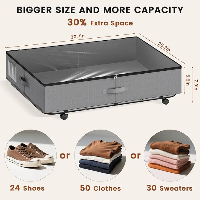 XXXL 78L Under Bed Storage with Wheels, Rolling Storage Containers with Clear Lid & Label, Heavy-Duty Metal Frame, Easy Pull-out, Underbed Storage Bins for Clothes, Shoes, Blankets, and Toys(2PACK) - Image 8