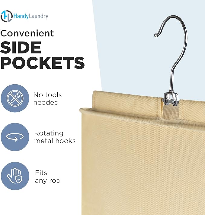 Handy Laundry Hanging Closet Organizer - 6 Shelf Storage for Clothes, Sweaters, Shoes & Accessories - Space-Saving Wardrobe Shelves with Hooks for Dorm, RV & Small Closet Organization (Beige) - Image 6