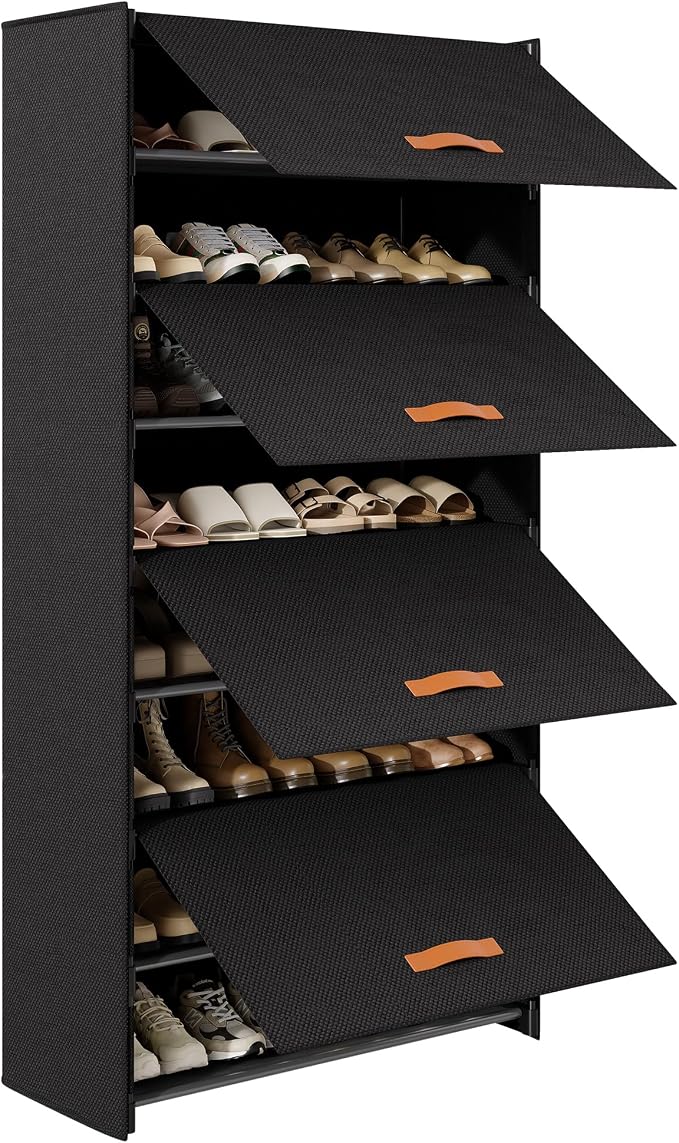 8-Tier Shoe Storage Cabinet with Fabric Cover, Hard Flip Doors, Holds 24-32 Pairs, Enclosed Dustproof Shoe Rack Organizer for Entryway, Closet & Bedroom, Shoe Shelf, Black, 27.8" x 12.0" x 55.9" by Unknown