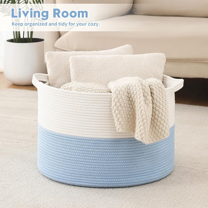 Foldable Laundry Hamper Basket with Collapsible Handle Cotton Rope Soft Woven Fabric Storage Organizer Clothes Toys Nursery Bedroom Dorm Space Saving Bin (White & Blue, 65L(19.7"D x 12.6"H)) - Image 2