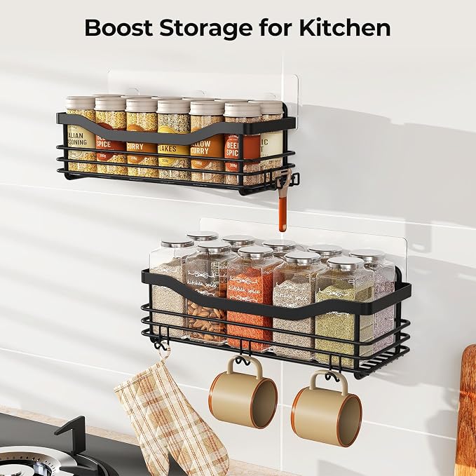 Orimade Shower Caddy Basket Shelf Storage Rack, No Drilling Wall Mounted Adhesive Rust Resistant Stainless Steel Shower Organizer with 5 Hooks for Bathroom, Black 2 Pack - Image 7