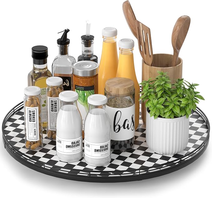 AMH18-Inch Black and White Checkerboard Lazy Susan Decorative Tray by AMH
