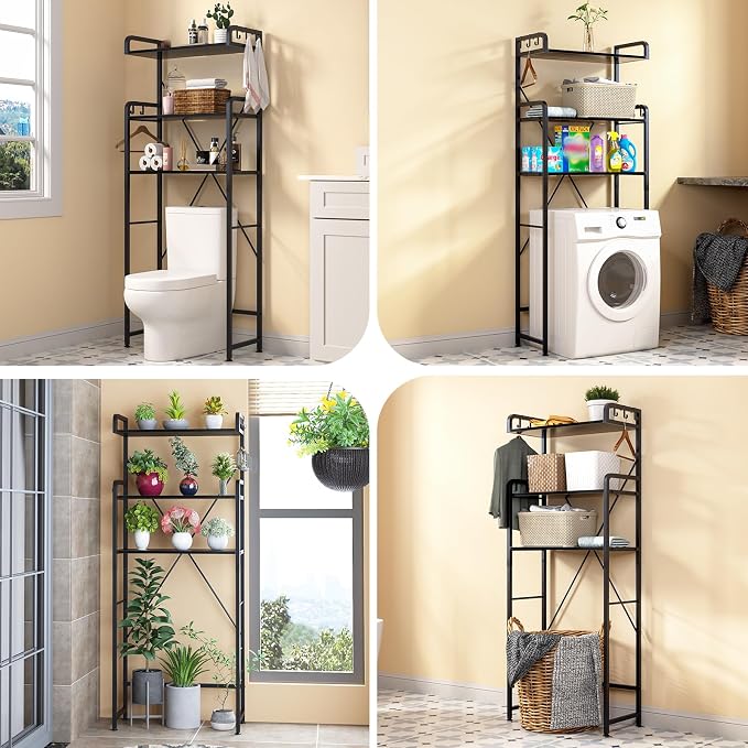 Huhote Over-The-Toilet Storage Rack with 3-Tier Shelves, Space Saver Toilet Shelf, Bathroom Storage Organizer with Hooks for Over-Toilet Storage (Black) - Image 4