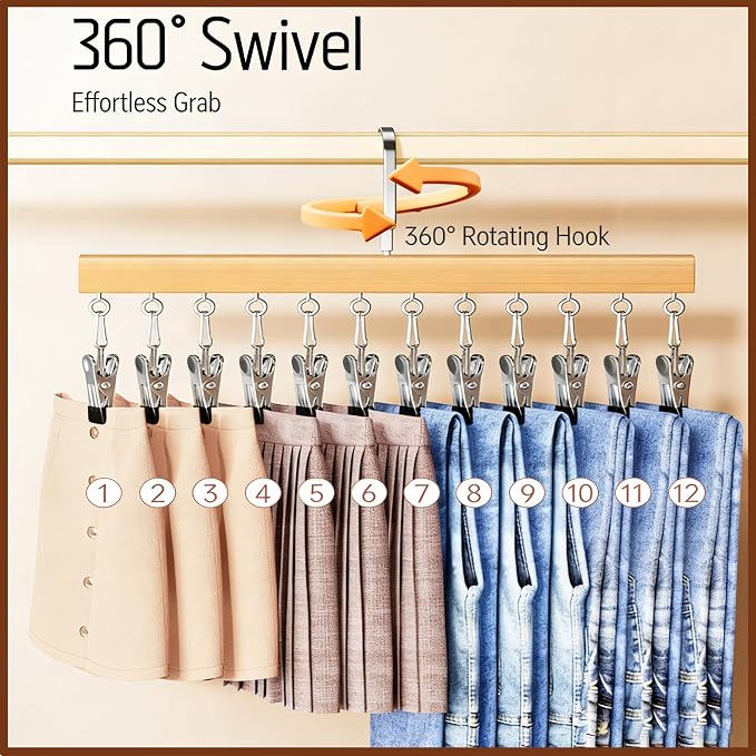 Legging Organizer for Closet, Closet Organizer with Clips, 360° Rotating Space Saving Hanging Clothes Organizer for Closet Organizers and Storage (Wood-12 Clips) - Image 3