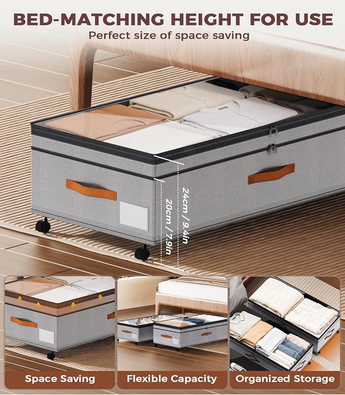Under Bed Storage with Wheels, 35.5 inches Underbed Storage Large Capacity Under Bed Rolling Containers, 2 Pack Under the Bed Storage for Clothes, Shoes, Blankets (Deep Gray) - Image 3