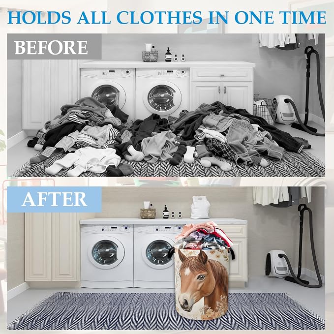 Horse Flowers Laundry Basket Collapsible Laundry Hamper Oxford Storage Bin for Clothes Storage, Organizer, Books and Sundries 16" X 20.8" - Image 4