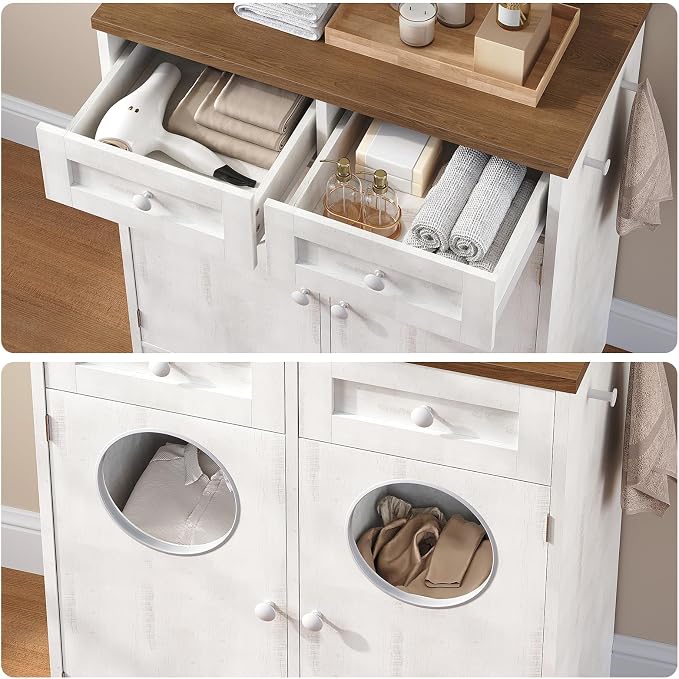 HOOBRO Double Laundry Hamper Cabinet, Hidden Laundry Cabinet with 2 Drawers & 2 Baskets, 20 Gallon Farmhouse Bathroom Laundry Hamper with 2 Clothes-Toss Holes, White and Dark Walnut WHZ36XY01 - Image 6