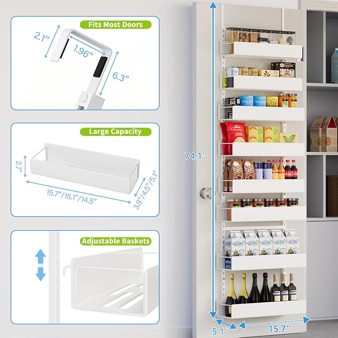 8-Tier Over Door Pantry Organizer, Metal Hanging Storage Rack for Kitchen Bedroom White - Image 2