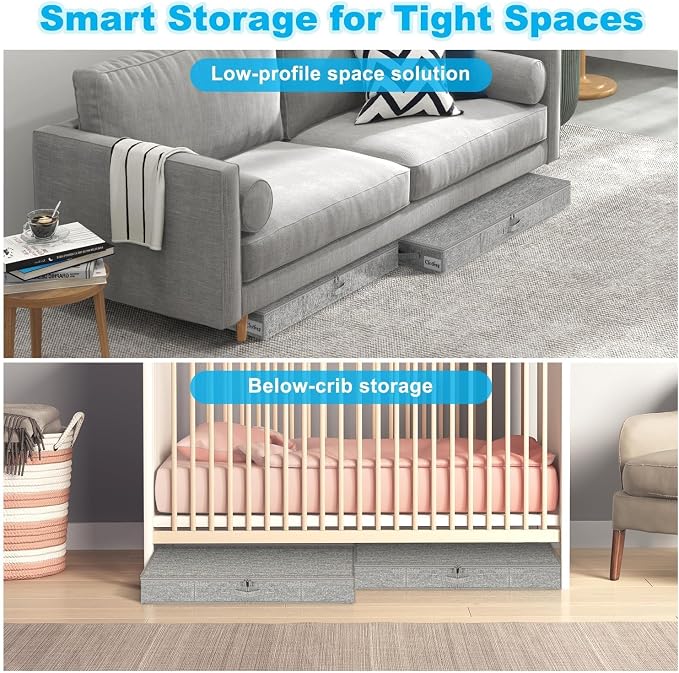 Under Bed Storage Container Bins 2 Pack, 4 Inch Thin Low Profile Underbed Clothes Storage Organizer for Dorm & Home, Use for Blanket and Toy Storage Box W/ Sturdy Bottom/Sides, Foldable Thick Fabric - Image 5
