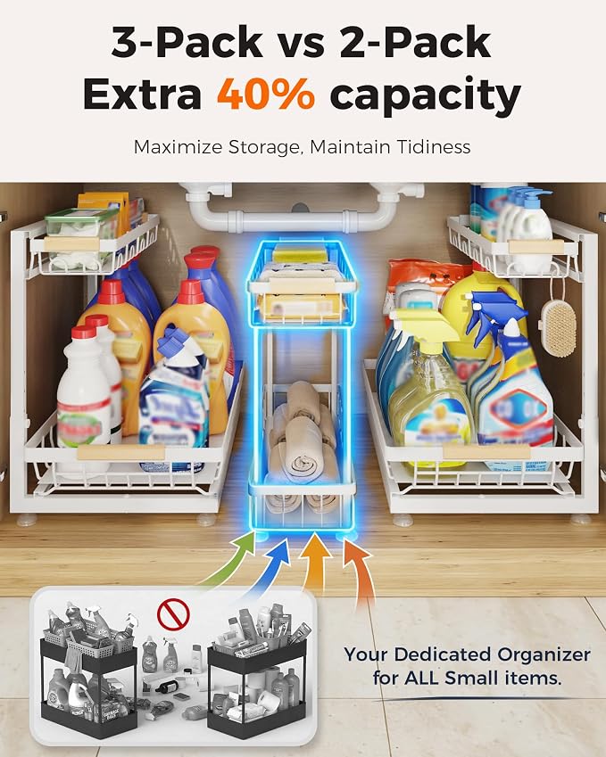 Sevenblue 3-Pack 2-Tier Height Adjustable Under Sink Organizer, White - Image 4