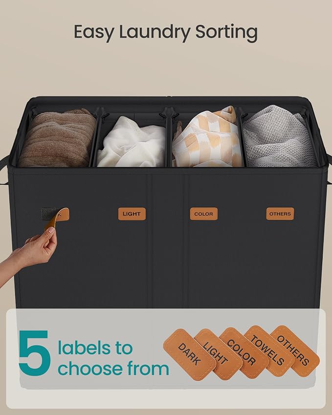 SONGMICS 210L Laundry Hamper, 4-Compartment Laundry Sorter with Lid - Image 4