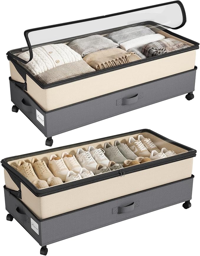Kitstorack 2Pack Height-adjustable Under Bed Storage with Wheels, Under Bed Storage Containers,Under Bed Shoe Storage Organizer with Clear Window&Label, Suitable for Clothes Storage, Beige & Gray by Kitstorack