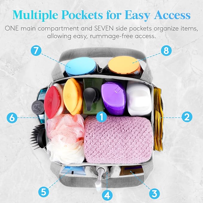 Lifewit Mesh Shower Caddy Portable for College Dorm Room Essentials with 7 Pockets, Freestanding Hanging Organizer Basket, Quick Dry Tote Bag for Camping, Bathroom, Beach, Travel, 1 Pack, Grey - Image 3