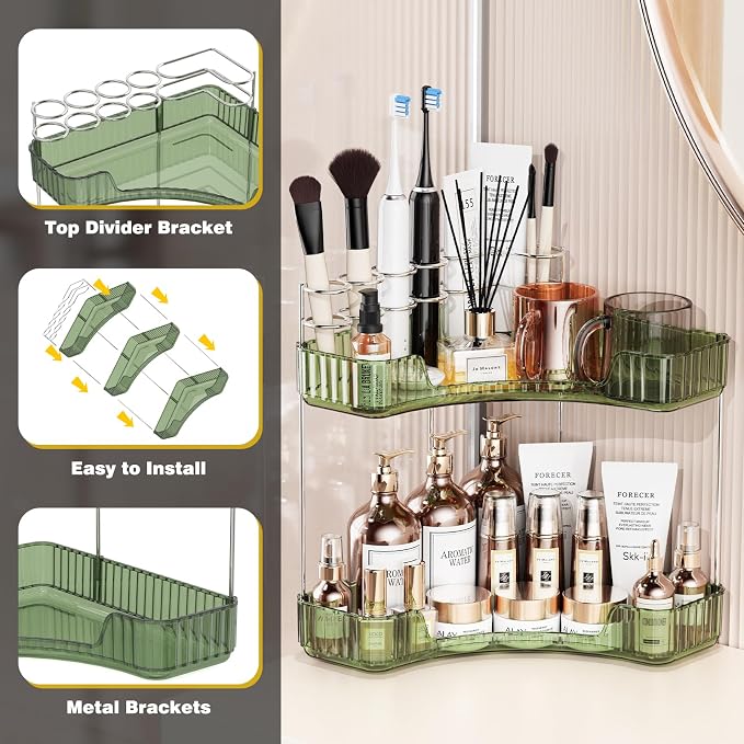 Asayuee 2-Tier Corner Bathroom Counter Organizer with Top Toothbrush Holders,Large Makeup Organizer Countertop with Brush Holder,Skincare Organizers Corner,Exquisite Vanity Organizer(Green, 2 Tier) - Image 4