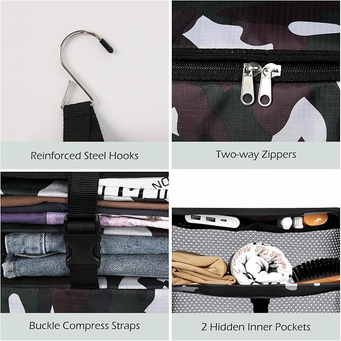 Surblue Hanging Closet Storage Bag Collapsible 3-Shelf Washable Oxford Fabric with 2 Hooks (L 11.41 * 11.41 * 19.68in, Camouflage) - Image 6