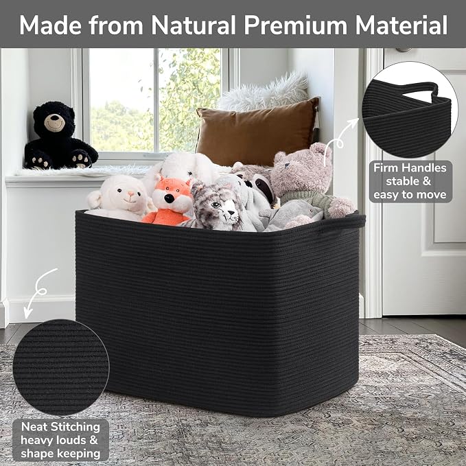 Goodpick 105L Extra Large Woven Rope Blanket Basket, Rectangle, Black - Image 6