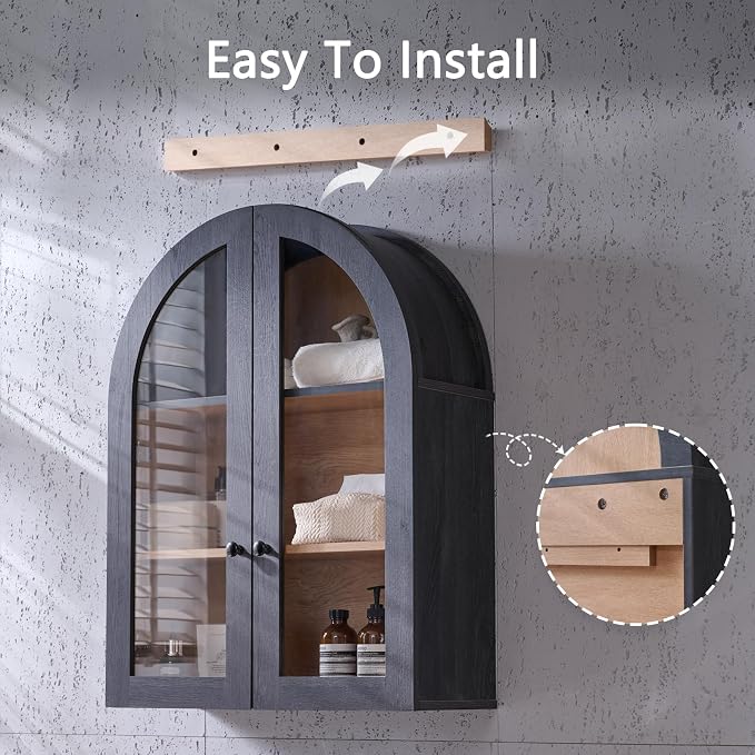 Bathroom Arched Wall Cabinet Over The Toilet Storage Cabinet, 23.5×31.4 Inch bathroom cabinet wall mount with Glass Doors & Adjustable Shelves, Wood Cabinet for Laundry Room, Kitchen,Dark Grey/Natural - Image 5