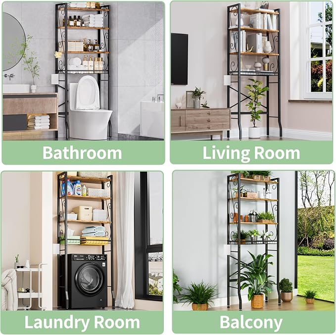 Over-The-Toilet Storage Rack 4-Tier,Bathroom Organizer Shelf Over Toilet,Adjustable Wooden Shelves and Basket,Freestanding Above Toilet Shelf,Space Saver for Rooms(Black Rack-Rustic Brown Shelves) - Image 6