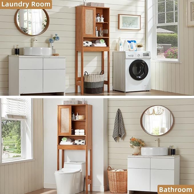 LEYAOYAO 68" Boho Over the Toilet Storage Cabinet with Rattan Sliding Door - Image 8