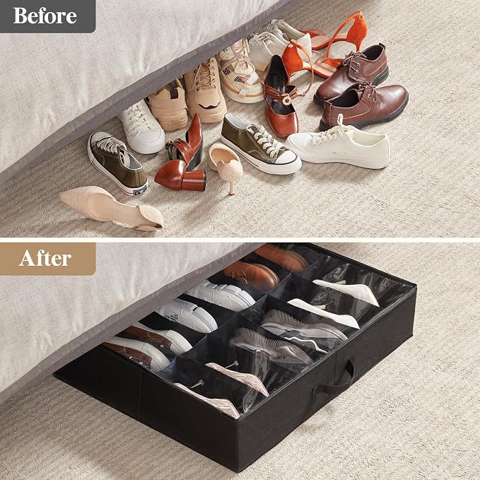 Lifewit Under Bed Shoe Storage Organizer 2 Pack(12 Shoes Cells), 4.3 Inches Profile Fabric Shoes Container Box with Clear Cover, Foldable Storage Bag with 2 Handles, Fits 12 to 24 Pairs - Image 6
