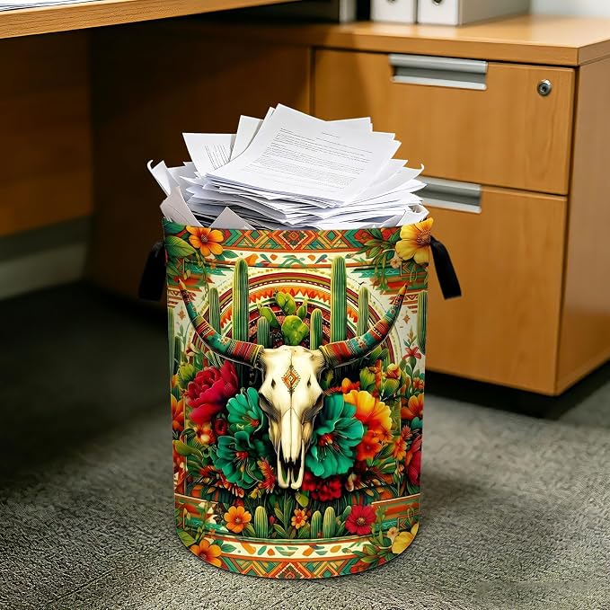 Western Skull Cactus Laundry Basket Foldable Laundry Hamper With Handles Clothes Storage Bucket Organizer Laundry Bag For Bedroom Bathroom Laundry Storage 19.6 x 15.7 - Image 7