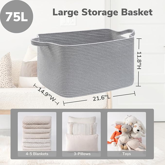 Goodpick Large Woven Rope Blanket Basket, Rectangle, Gray, 75L - Image 3
