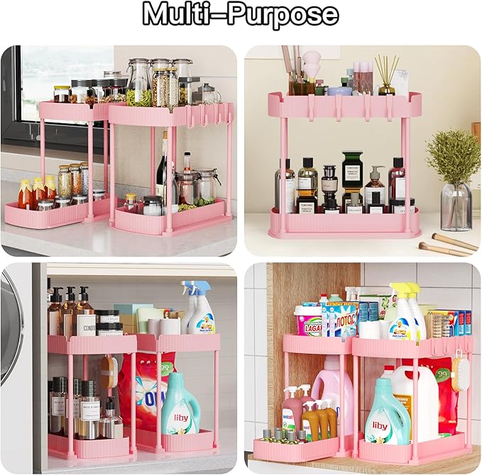 2 Packs Under Sink Pull-Out Storage Organizers, 12.8 Inches, Pink - Image 6