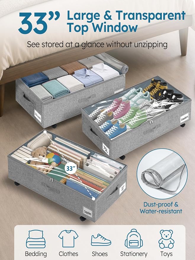 10-in 75L Low Profile Under Bed Storage with Wheels, 2 Pack, Gray | 5 Rotating Wheels, Large Clear lid, Rigid Sides & Bottom, Low Space Storage, Under Bed, Couch, Crib, Dorm Organization - Image 4